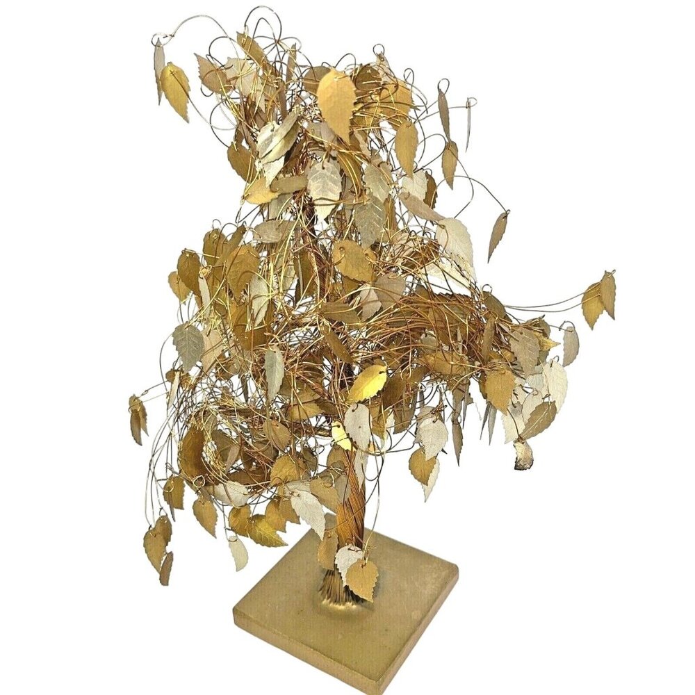 Twisted Copper Wire Tree of Life Sculpture Kinetic Art MCM Regency Gold Leaves